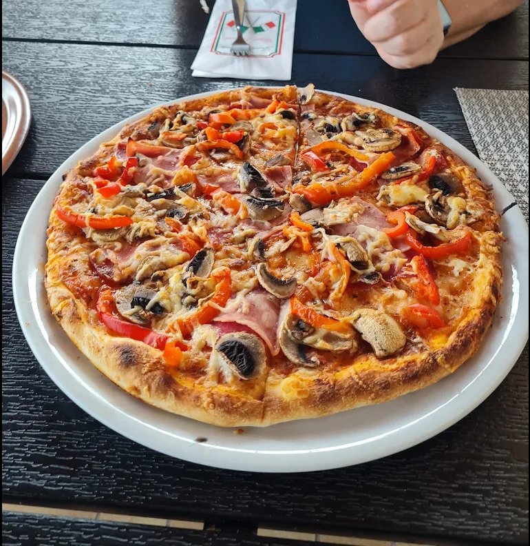 Pizza mit Schinken, Champignons und Paprika