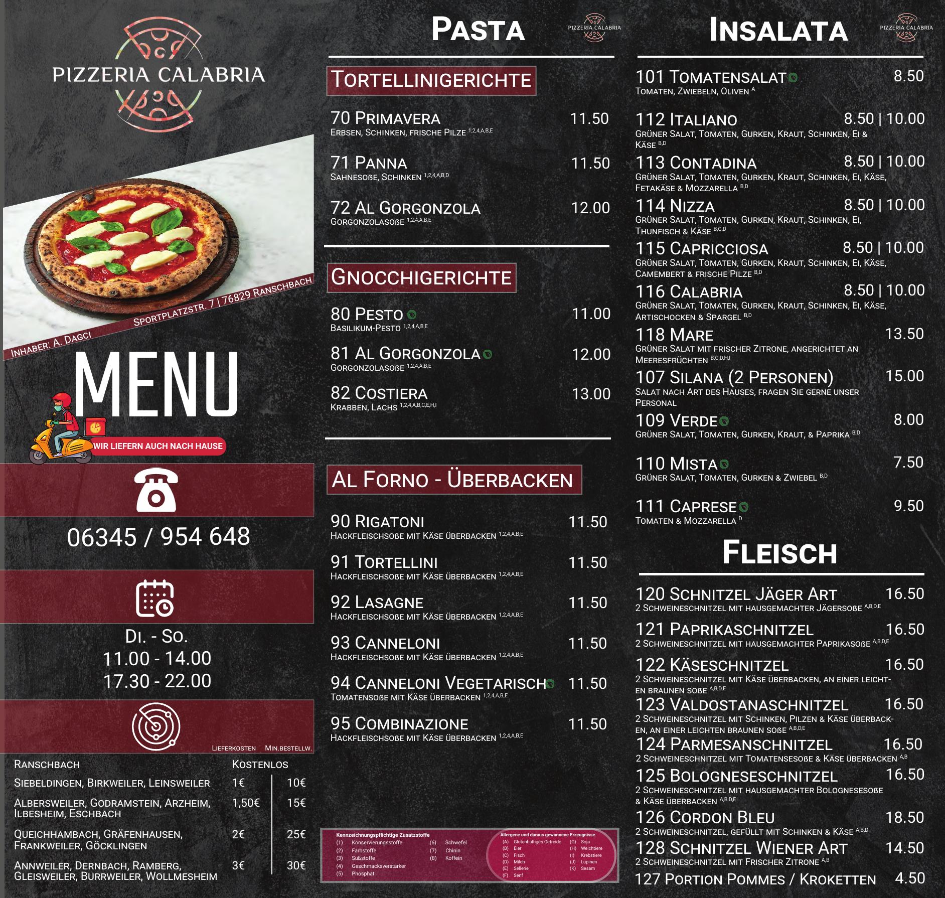 Speisekarte der Pizzeria Calabria – Seite 1