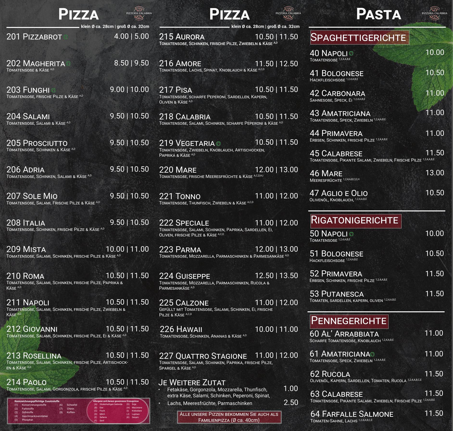 Speisekarte der Pizzeria Calabria – Seite 2